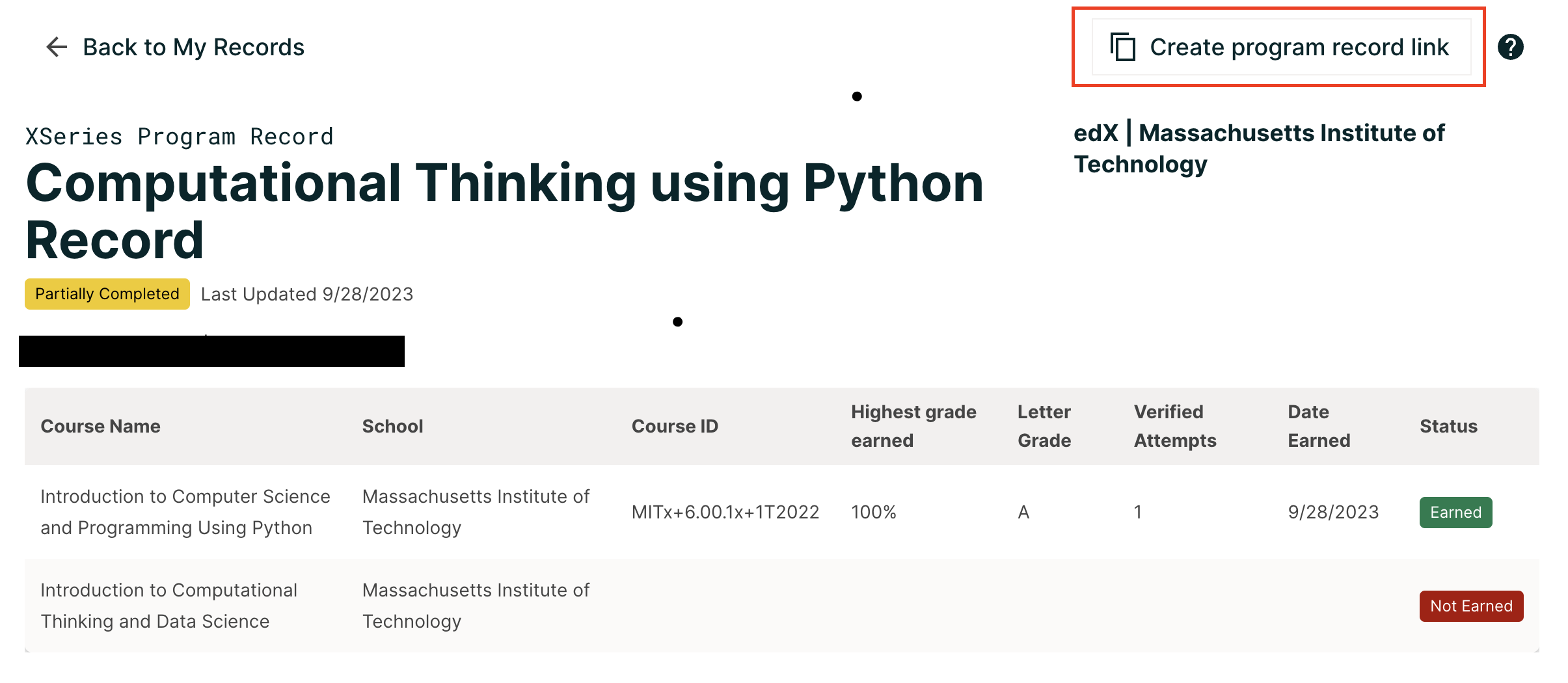 A screenshot of an example program record page, highlighting the location of the "Create program record link" button.