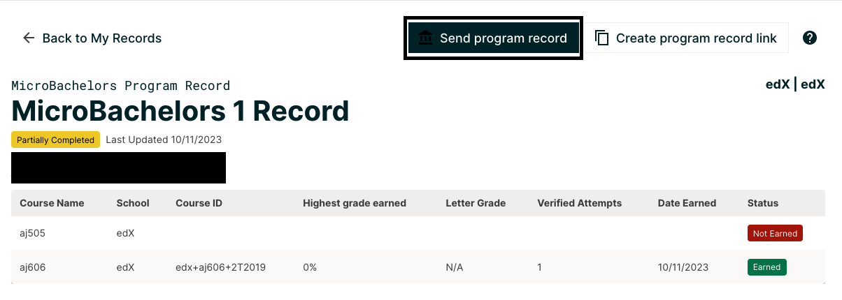 A screenshot of an example program record page, highlighting the location of the "Share program record" button.